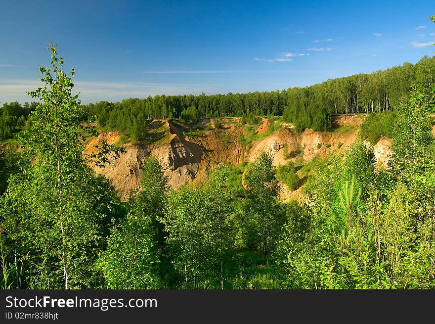 Green trees around of a ravine. Green trees around of a ravine