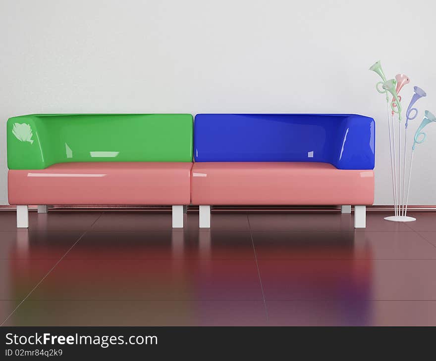 Multicolored sofa, floor lamp in the room, 3d illustrations. Multicolored sofa, floor lamp in the room, 3d illustrations