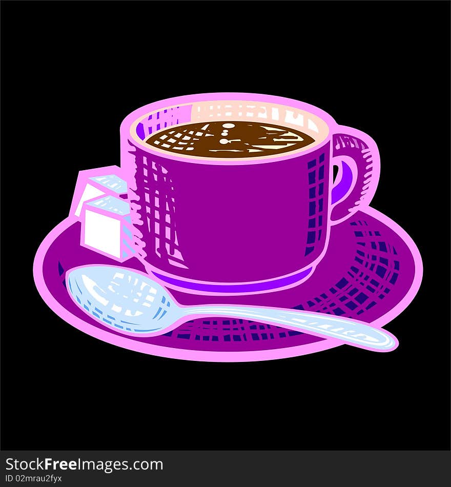 A cup of coffee on saucer with spoon and sugar. A cup of coffee on saucer with spoon and sugar.