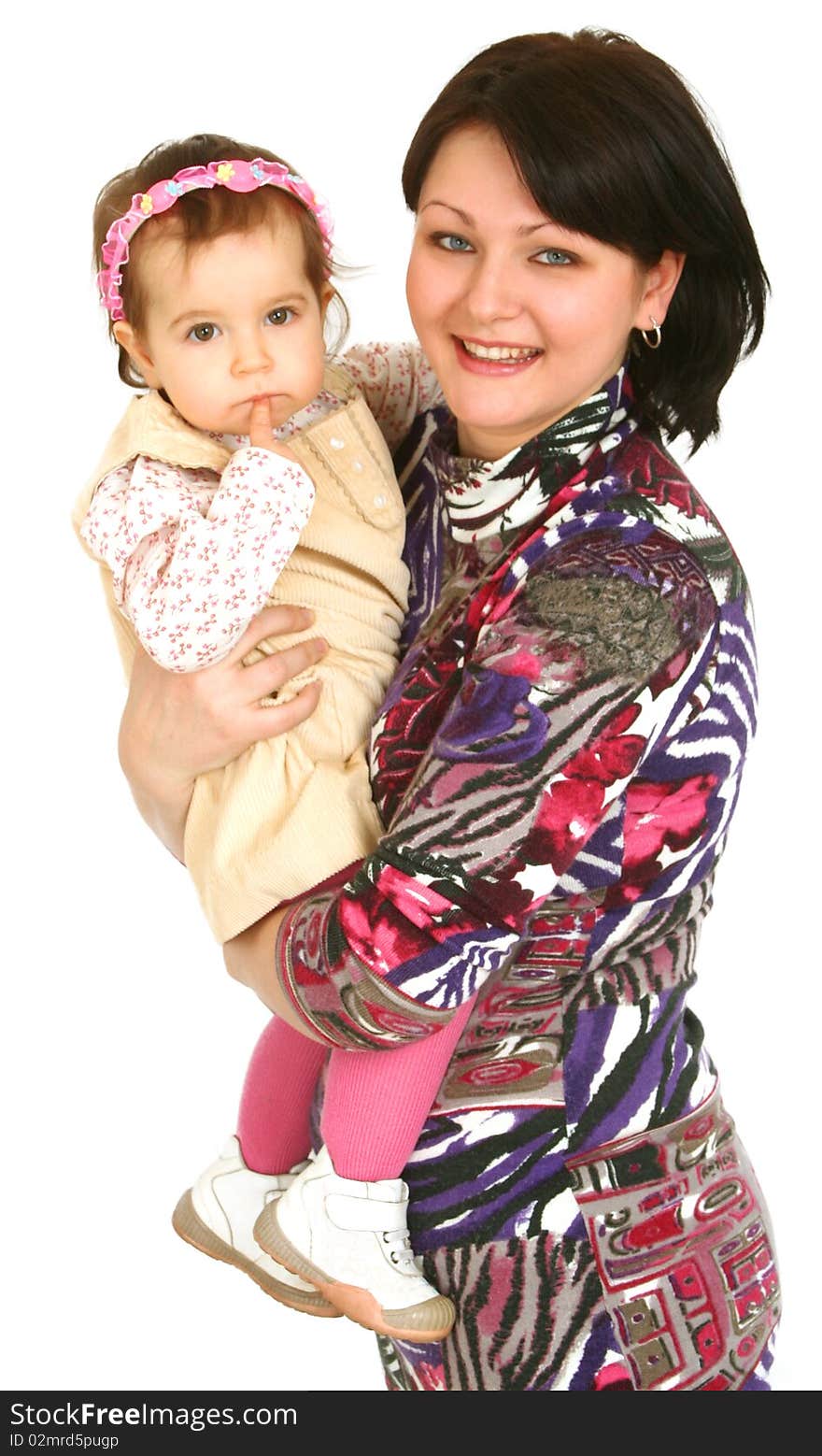 Happy mother with little daughter on white background