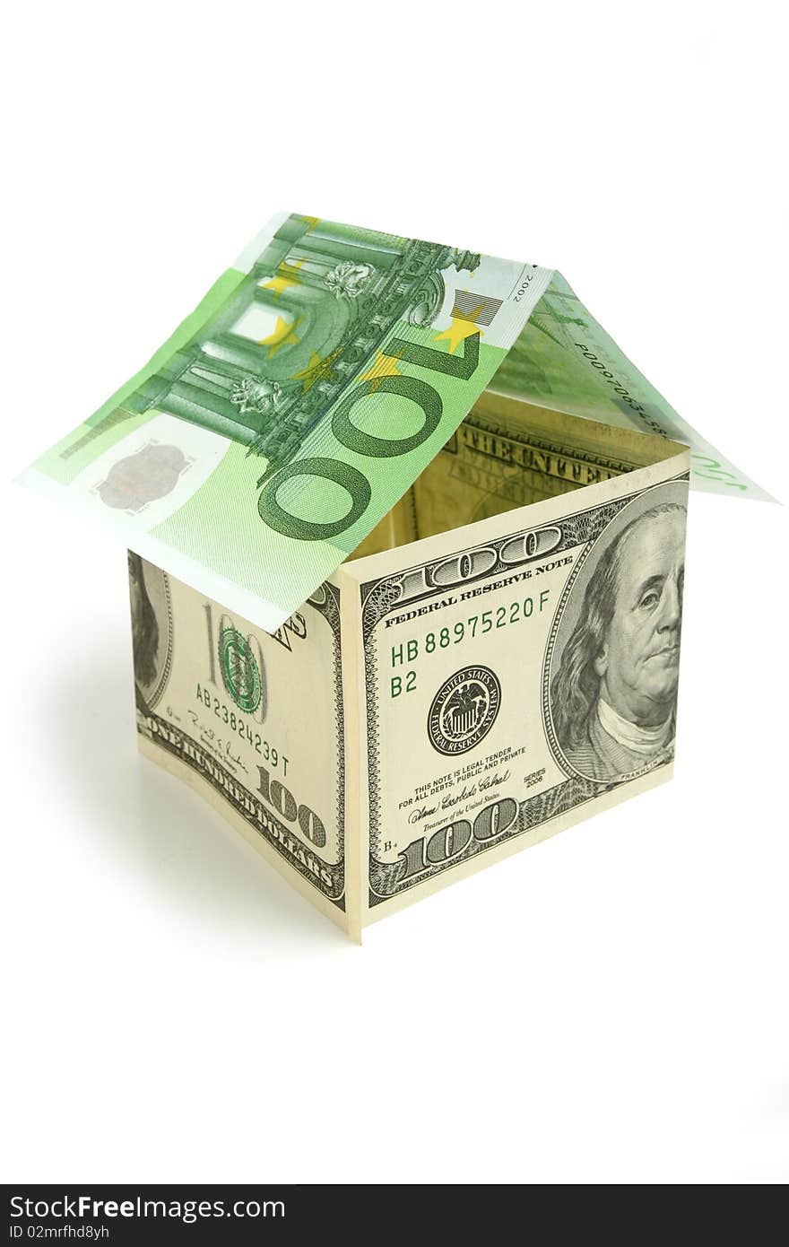 House made from dollor  and euro  bills on white  background. House made from dollor  and euro  bills on white  background