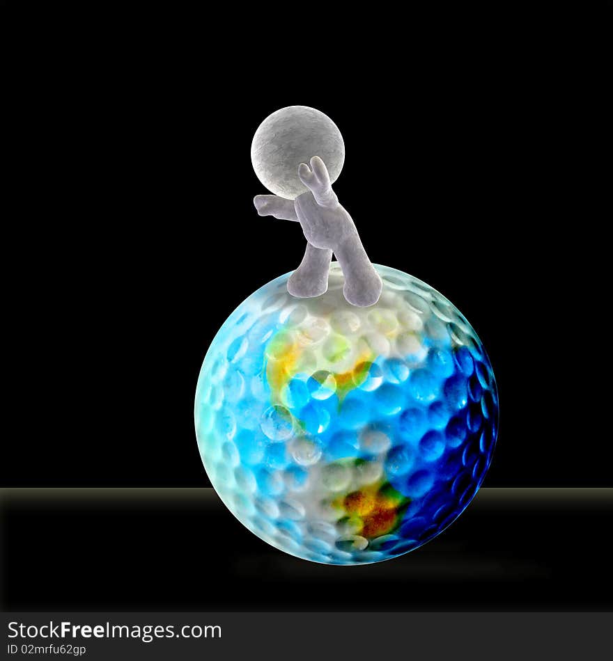 Abstract cartoon of a soft man rolling the world of golf forward into future. Abstract cartoon of a soft man rolling the world of golf forward into future