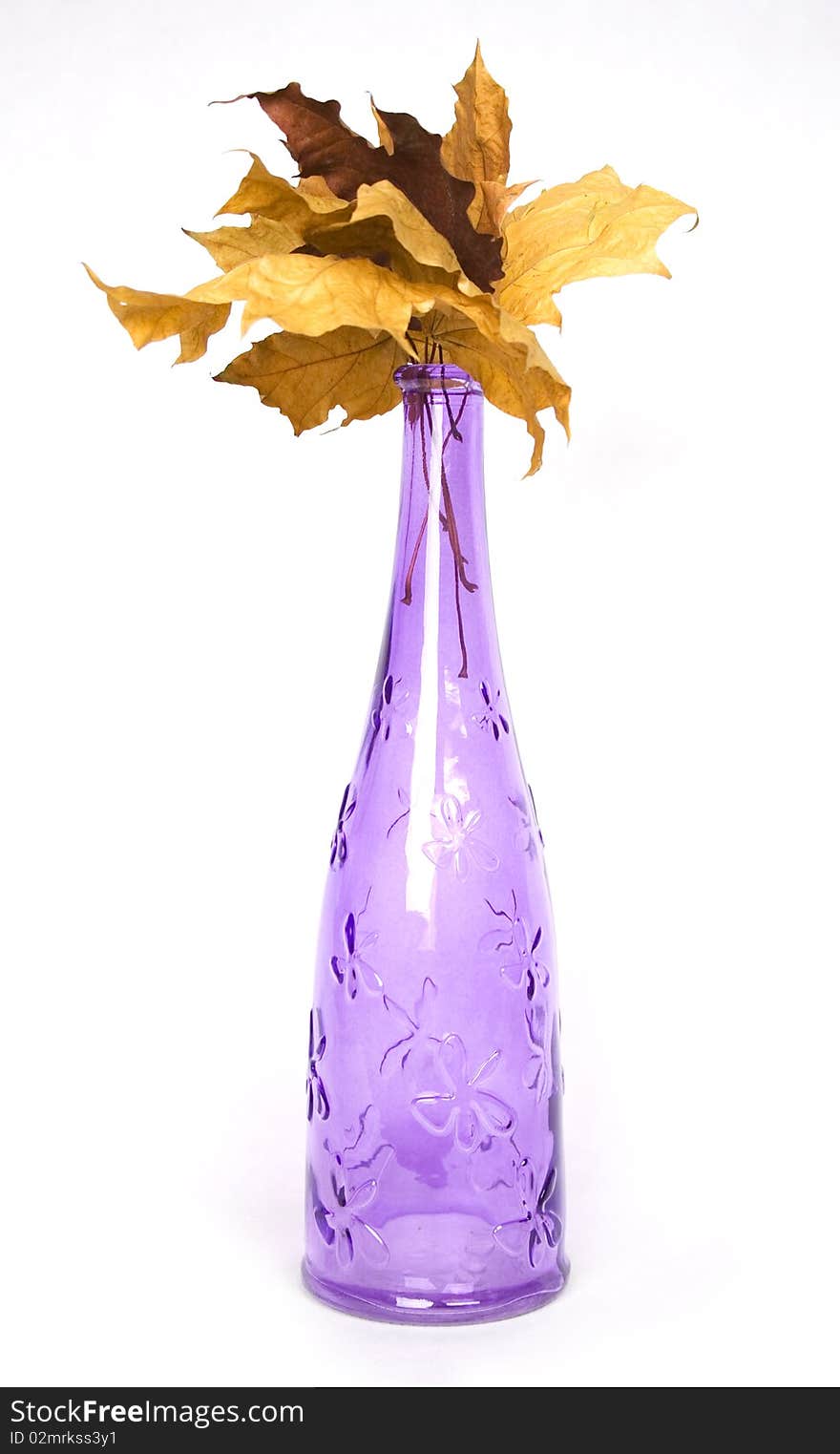 Purple design decorative bottle with wither maple leaves. Purple design decorative bottle with wither maple leaves