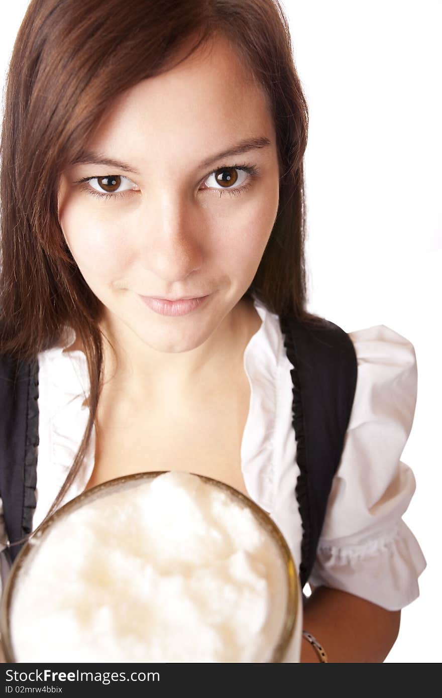 Bavarian woman holds Oktoberfest beer stein