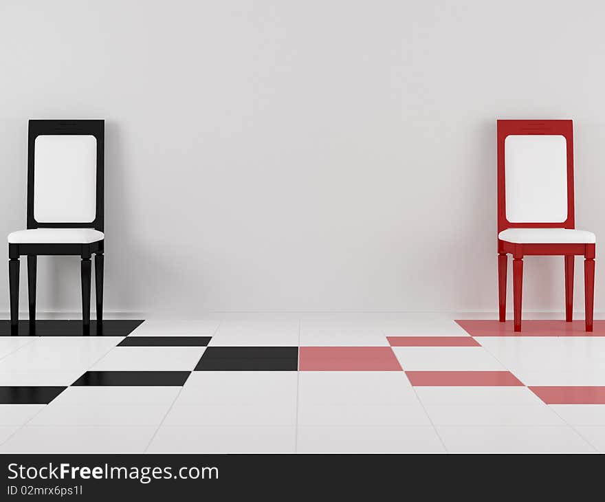 Two black and red classic chairs, 3d render/illustration