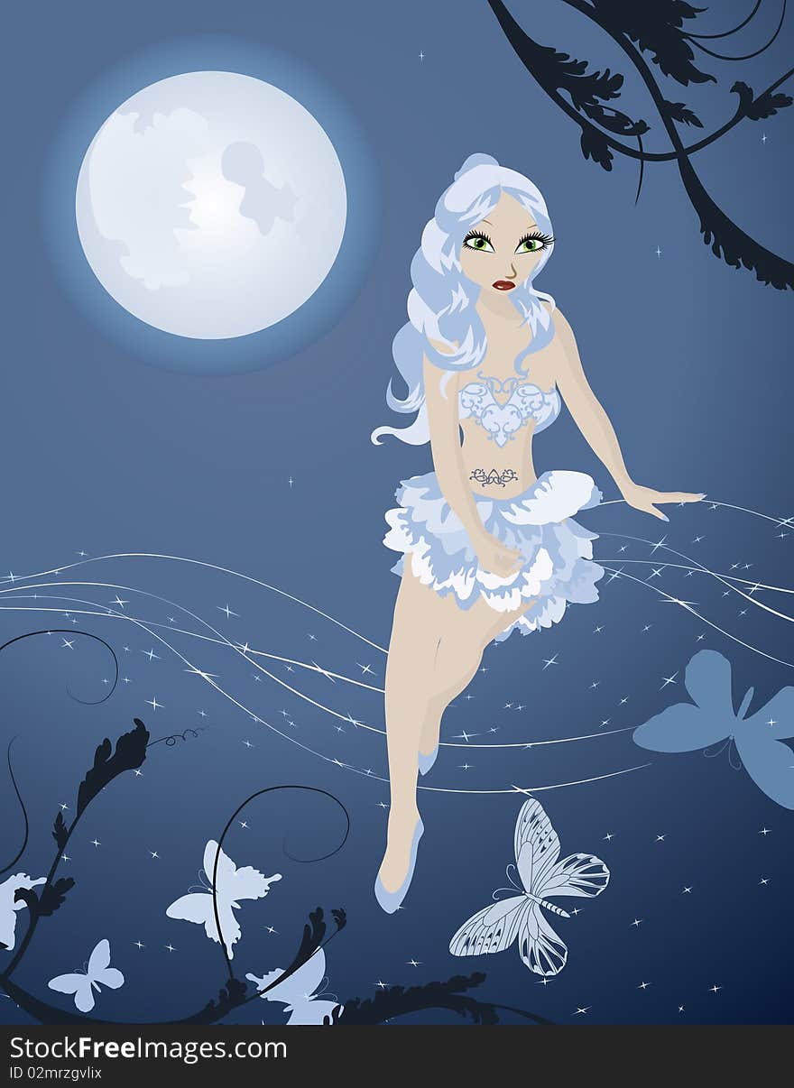 Lunar fairy in night sky with butterflies