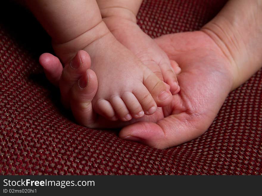 Feet of the baby in mother's hand