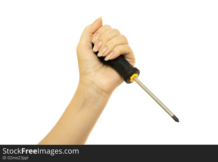 Screwdriver in a beautiful female hand isolated on white background