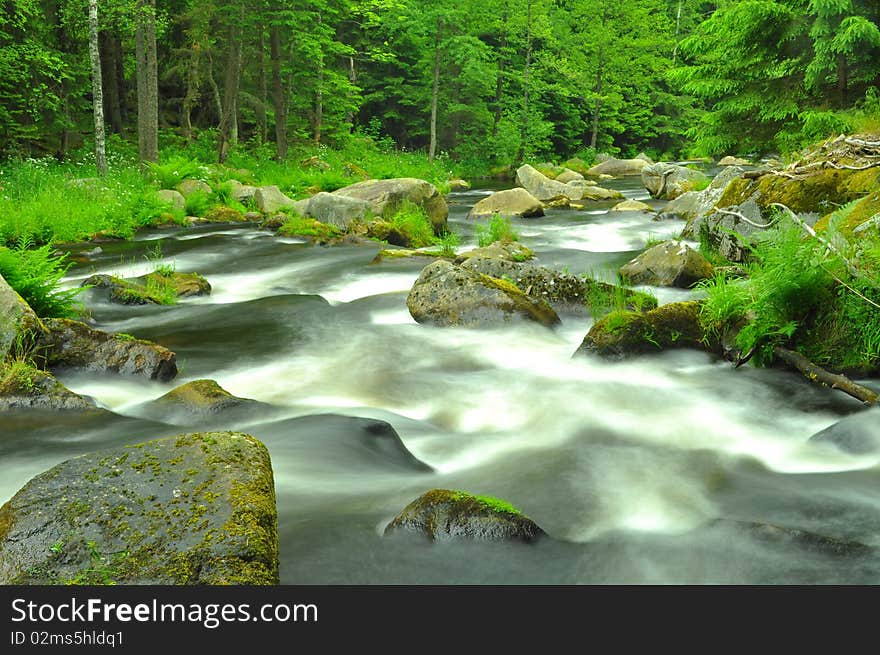 Wild river in mountains valley