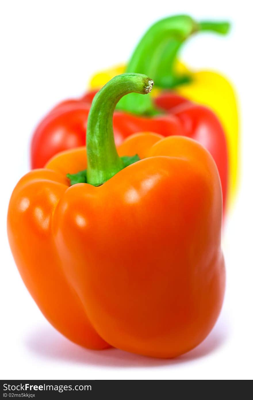 Three bulgarian peppers. Closeup isolated on white background. Three bulgarian peppers. Closeup isolated on white background.