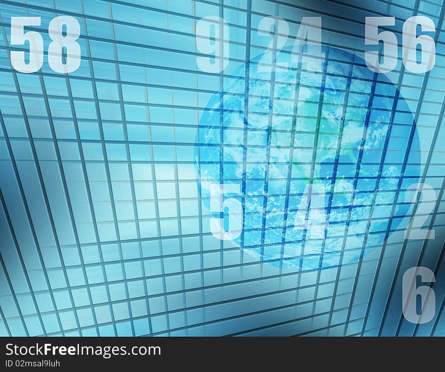 Blue numbers background over world. Illustration