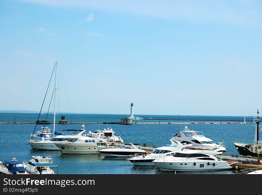 Boat yachts on the quay in the port of Odessa. Boat yachts on the quay in the port of Odessa