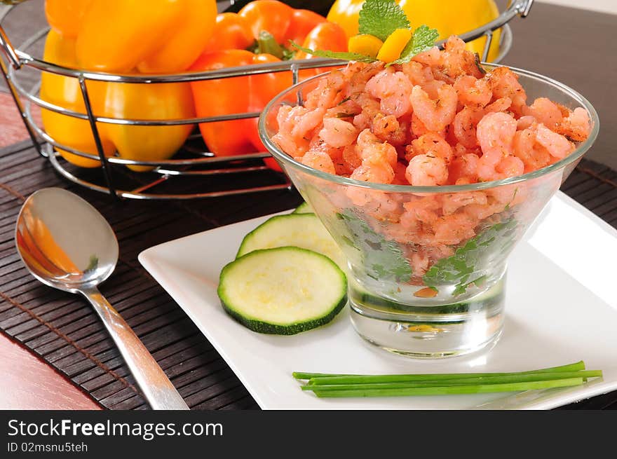 Prepared fresh shrimps with vegetables. Prepared fresh shrimps with vegetables.