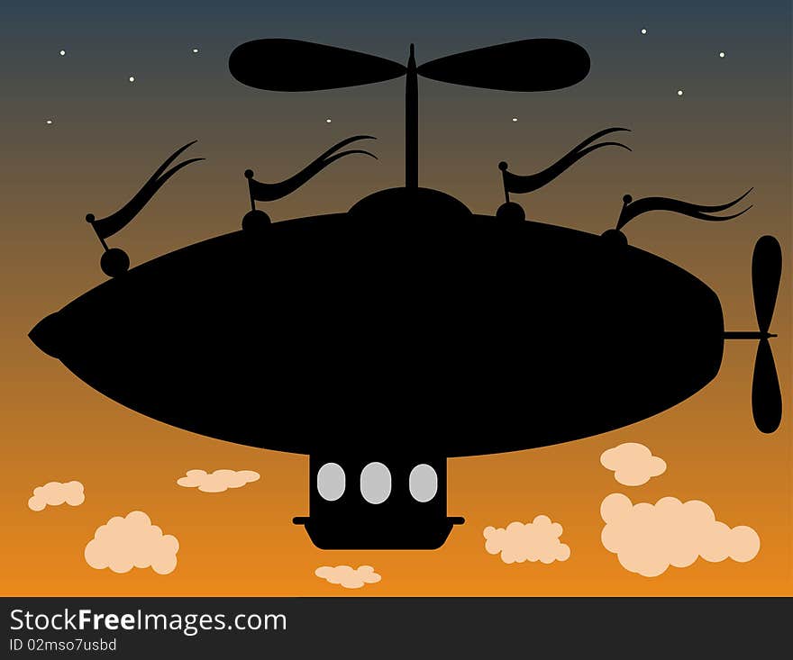 Outline of fantasy blimp like ship hovering in sky as day turns to night editable illustration. Outline of fantasy blimp like ship hovering in sky as day turns to night editable illustration