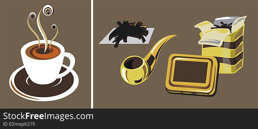 Vector illustration of a tobacco pipe with accessories and cup of coffee. Vector illustration of a tobacco pipe with accessories and cup of coffee