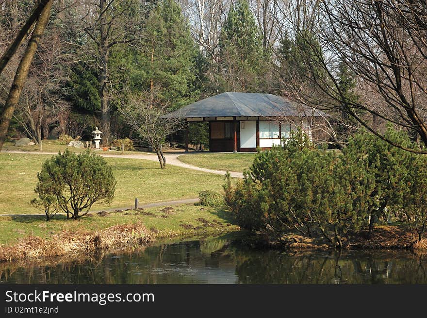 Japanese garden with tea room in early spring. Japanese garden with tea room in early spring