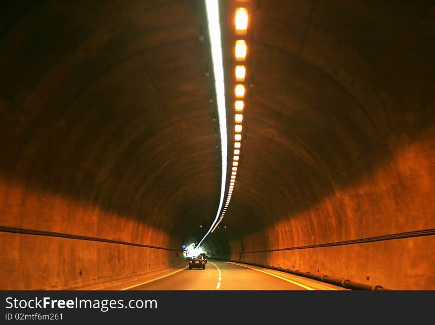 Tunnel road with lights  in Cyprus.