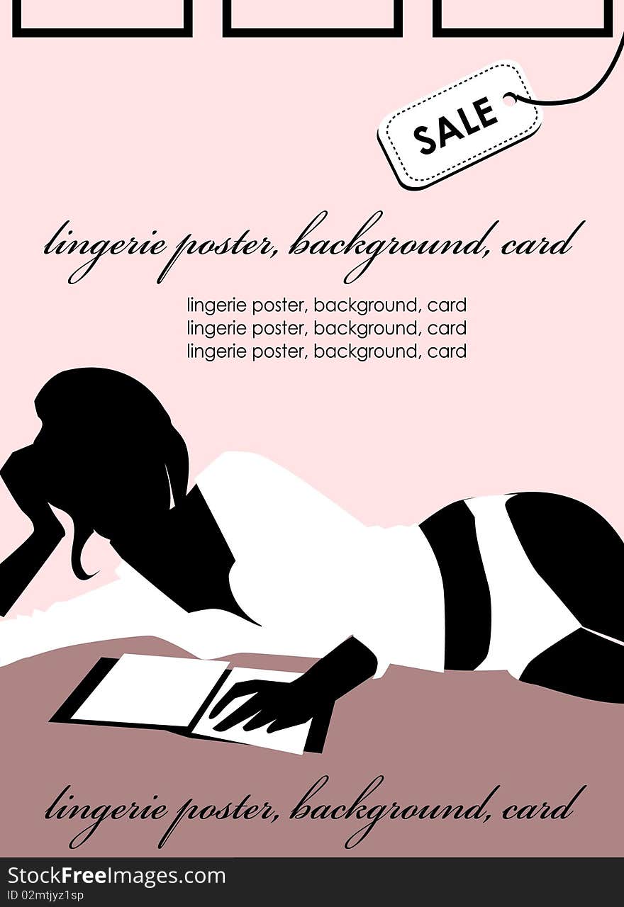 Sexy woman with book Lingerie poster, sale background, fake card, proposal cover. Marketing materials pattern