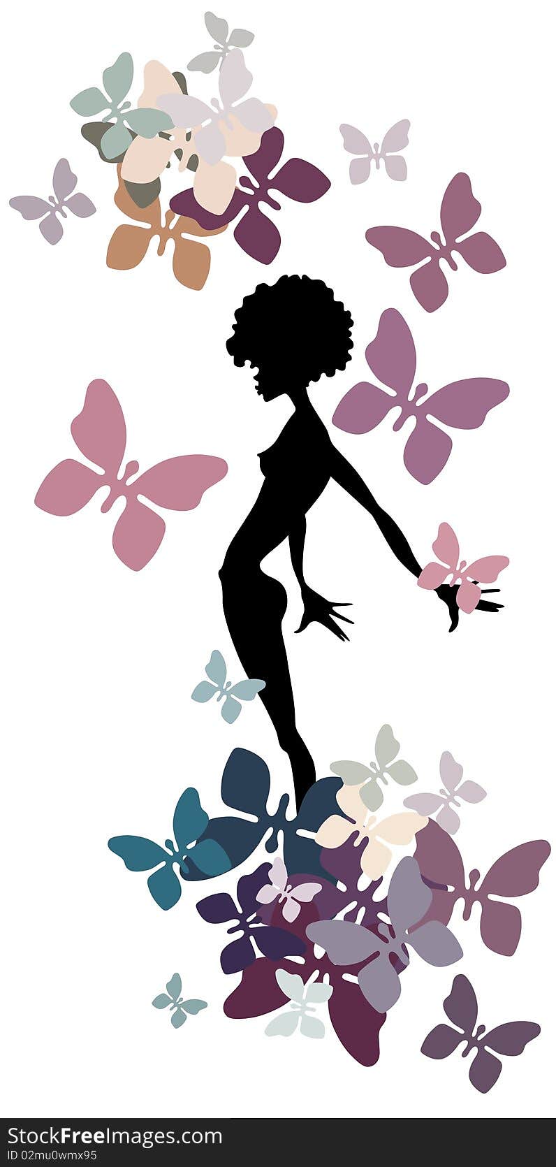 This illustration shows a silhouette of a girl and a lot of flying butterflies, is a vector illustration work. This illustration shows a silhouette of a girl and a lot of flying butterflies, is a vector illustration work