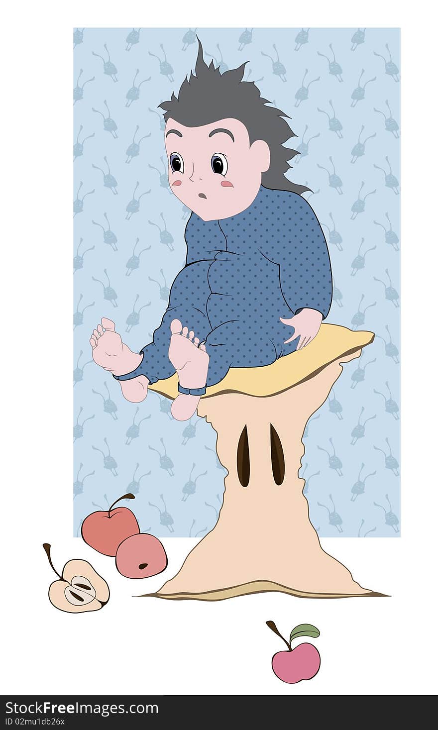 The illustration shows a small boy sitting on the cores from apples, is a vector illustration work. The illustration shows a small boy sitting on the cores from apples, is a vector illustration work