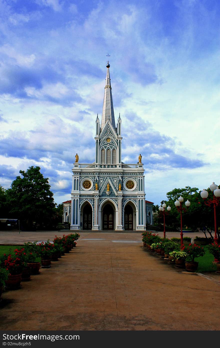 The church in front of the blue sky