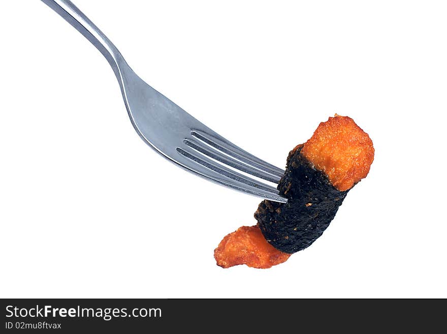 Fried chicken stick with algae roll close up isolated. Fried chicken stick with algae roll close up isolated