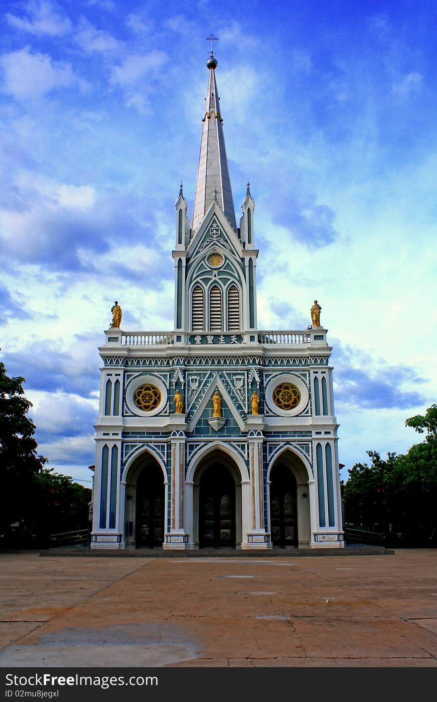 The church in front of the blue sky