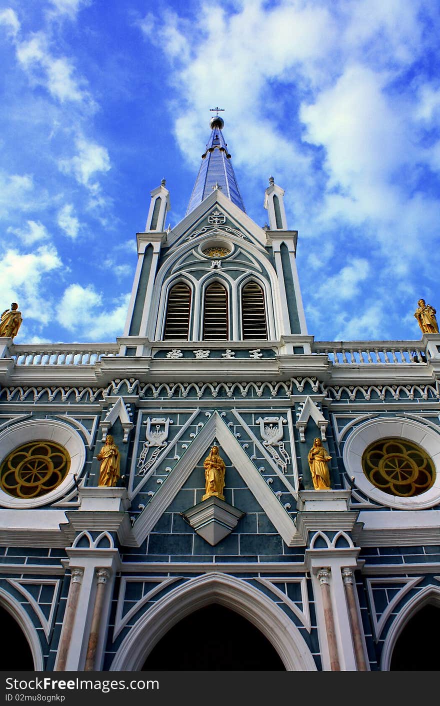 The church in front of the blue sky