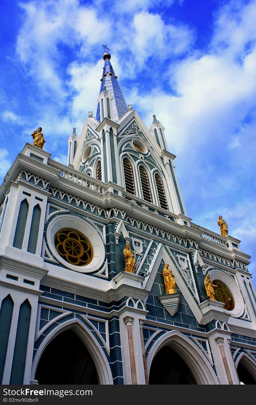 The church in front of the blue sky