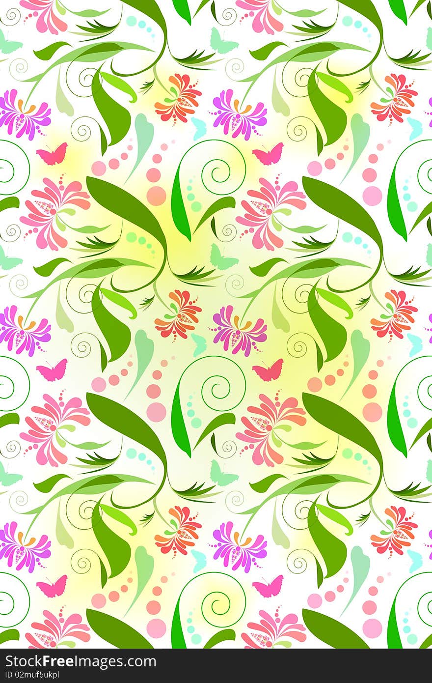 Seamless Floral Pattern with butterflies. Very bright and festive.