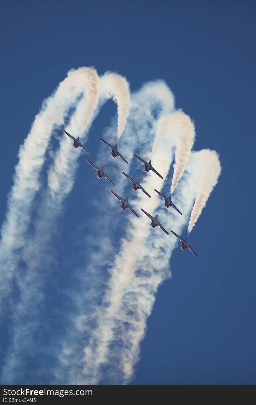 Canadian Snowbirds jet aerobatic team flying CT-114 tutor jet airplanes