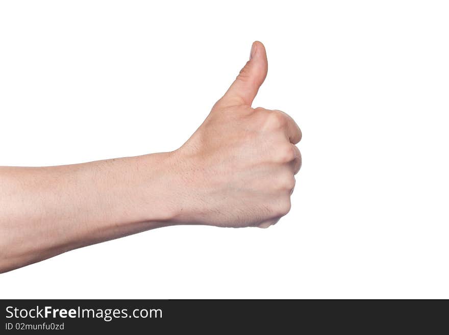 Thumbs up man's hand isolated on white background