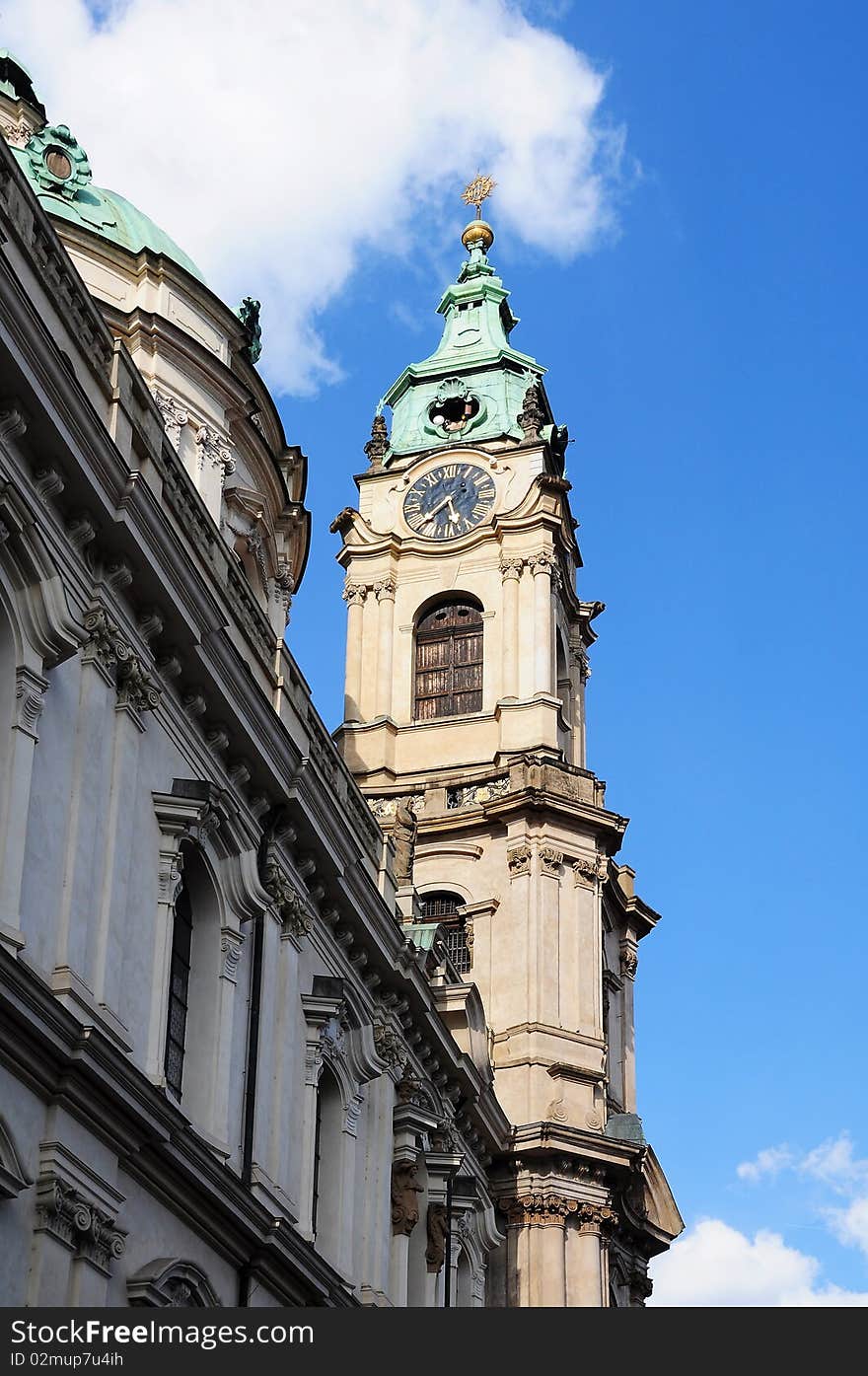 Tower clock on top of a church in Prague. Tower clock on top of a church in Prague