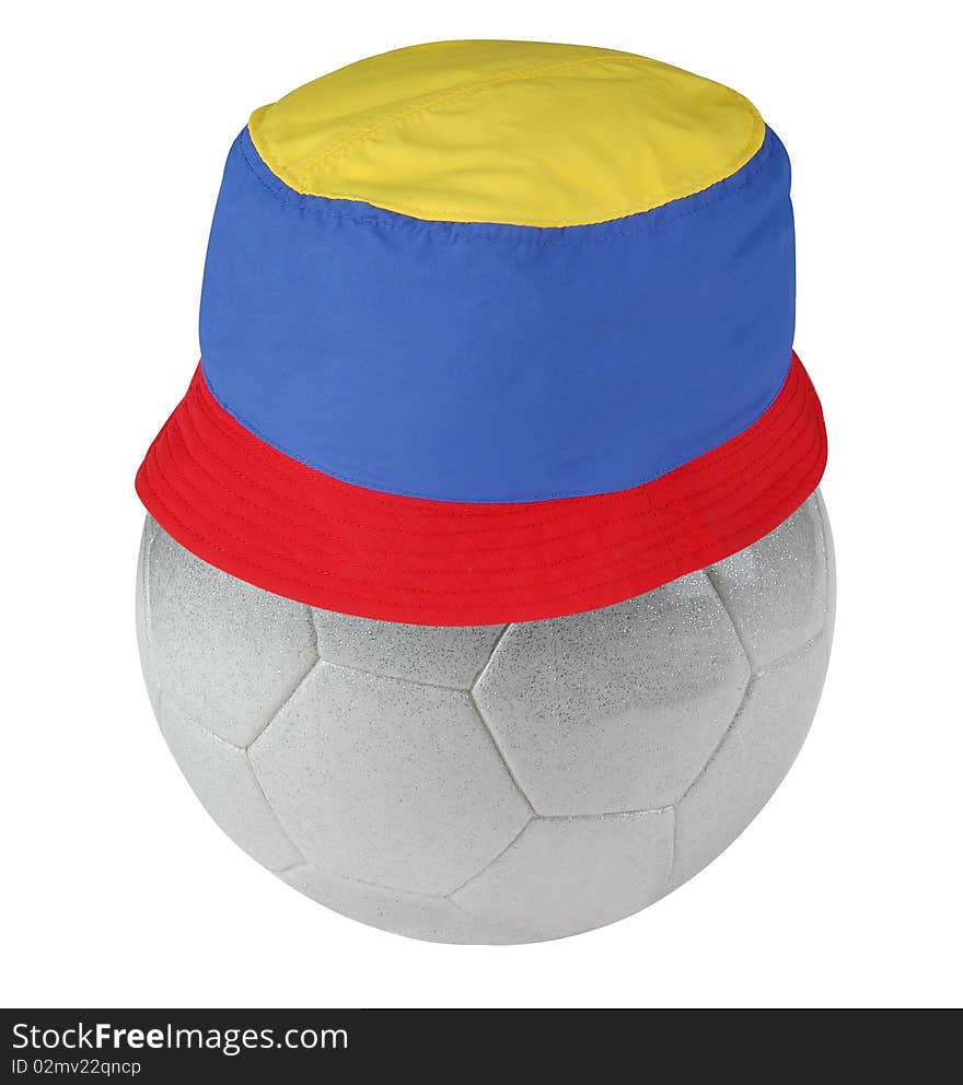 Colorful hat on football isolated over white. Colorful hat on football isolated over white.