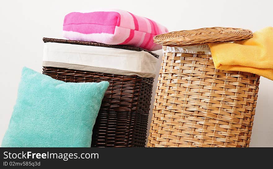 Household decorative objects pillows and baskets. Household decorative objects pillows and baskets.