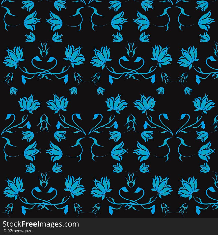 Black background with blue flowers ,ornament. Black background with blue flowers ,ornament.