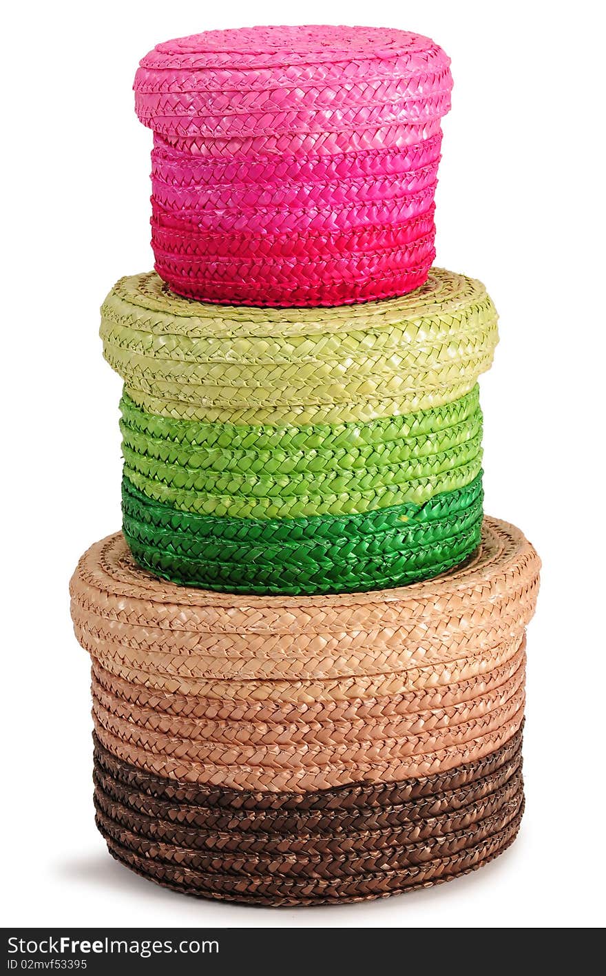 Pink, green and brown handmade baskets over white. Pink, green and brown handmade baskets over white.