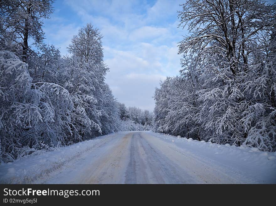 Winter road near Seliger lake, Russia