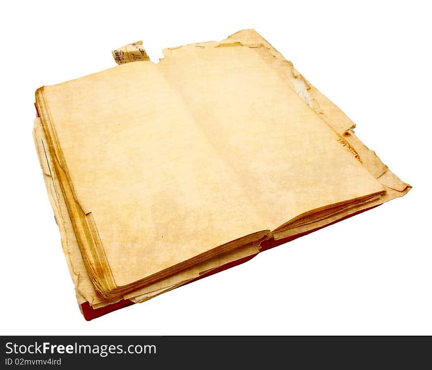 Ancient notebook for notes with the turned yellow pages isolated on a white background