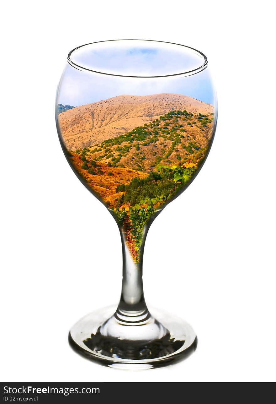 Wineglass with vineyard inside.