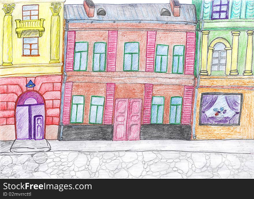 City concept, illustration, colored soft-tip pen drawing. City concept, illustration, colored soft-tip pen drawing