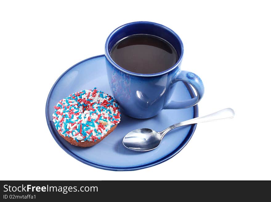 Blue coffee cup with donut. Blue coffee cup with donut