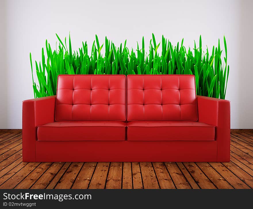 Red sofa in room with grass picture on the wall