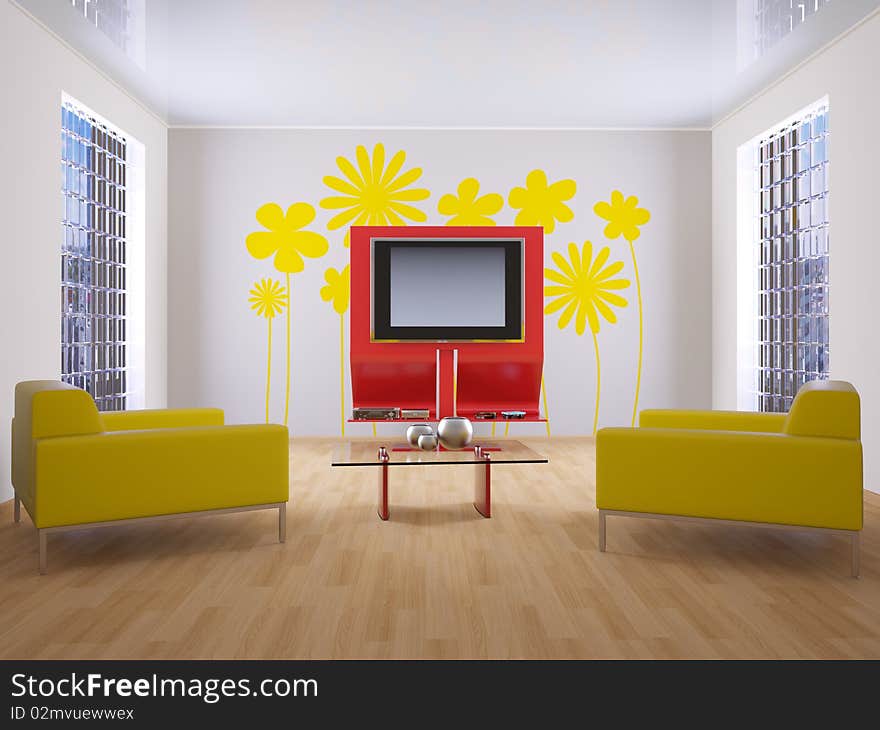 Modern interior with yellow armchair and picture on wall