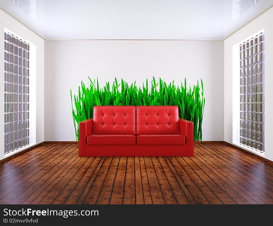 Red sofa in room with grass picture on the wall