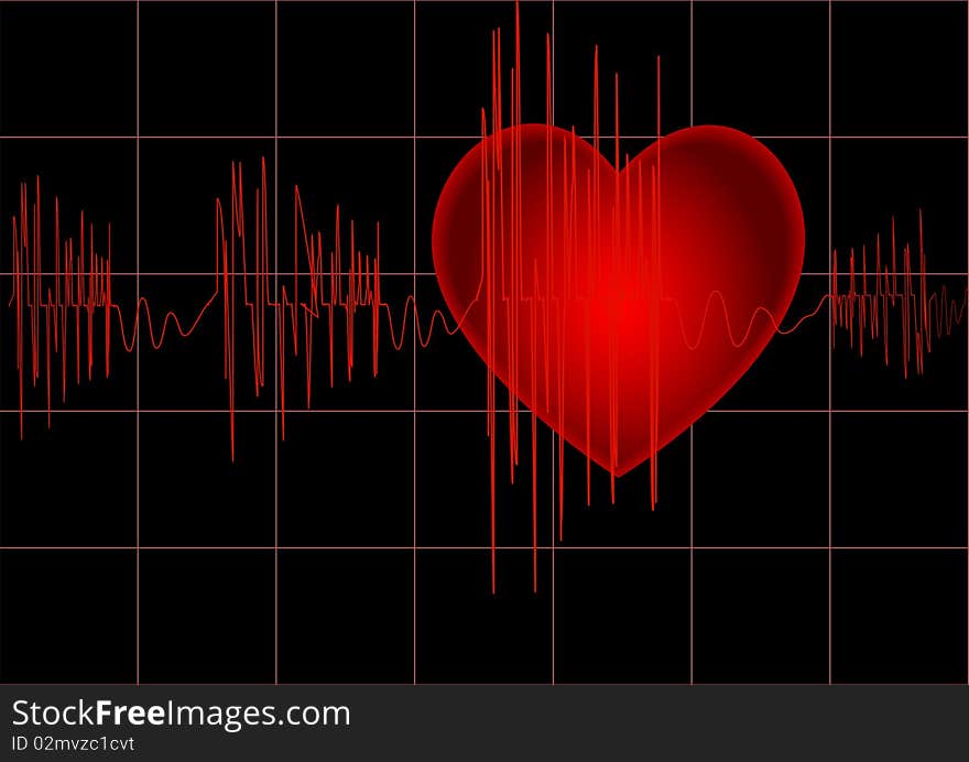 The cardiogram of red color on black background with heart