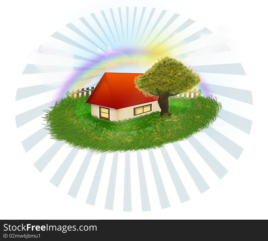 Village house with garden, sky and rainbow, peacefull atmosphere in a summer day. Village house with garden, sky and rainbow, peacefull atmosphere in a summer day