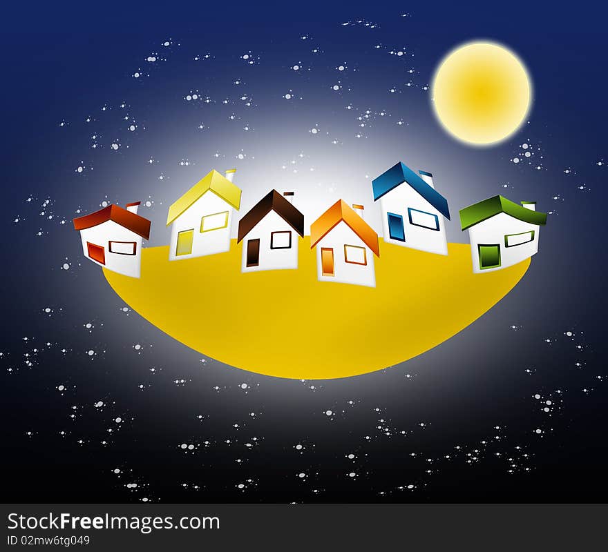 Fantasy with houses floating on a starry sky. Fantasy with houses floating on a starry sky