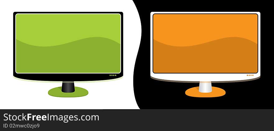 A black monitor with green details and a white monitor with orange details. A black monitor with green details and a white monitor with orange details.