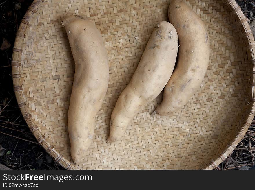 Basket of sweet potatoes.